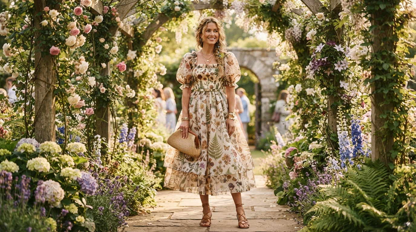Vintage Botanical Print Organza Midi Dress & Straw Bag
